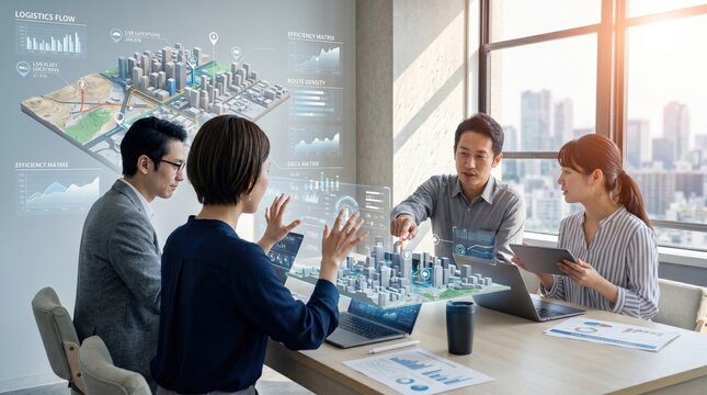 Professional team analyzing logistics flow hologram with efficiency matrix, route density, live fleet tracking