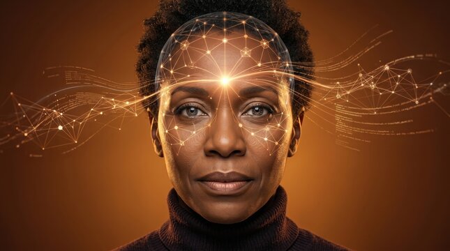 Portrait of woman with glowing neural network overlay on head, symbolizing artificial intelligence, cognitive computing
