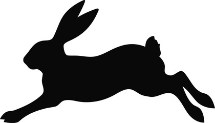 Running rabbit silhouette vector, jumping hare black profile icon, wild animal leaping shape isolated on white, fast bunny movement graphic © Zannatul