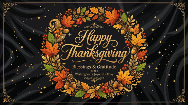 Happy thanksgiving greeting card with golden calligraphy text, autumn wreath with maple leaves, acorns, berries, and pine cones