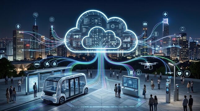 Futuristic smart city concept with cloud computing network, autonomous vehicle transport, connected urban infrastructure