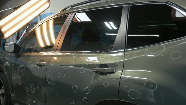 Close up view of Car with dent marks in to Preparing process of Repairing Hail Damage in PDR car body shop