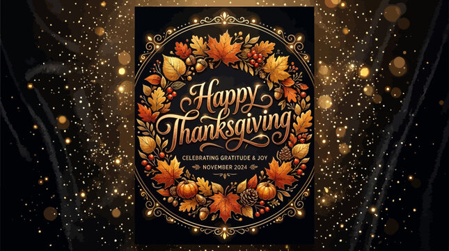 Happy thanksgiving 2024 greeting card with elegant golden autumn leaves wreath, pumpkins, and pinecones on a with bokeh lights