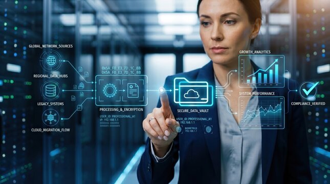 Woman interacting with secure cloud data storage interface, encryption process, global network sources and compliance verification in server room.