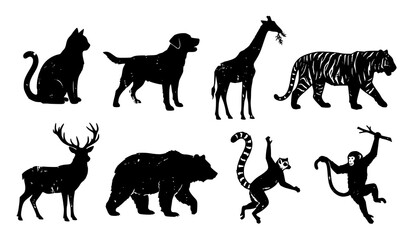 Collection of wild animal silhouettes including tiger, giraffe, bear, and deer on white background © SobujChandra