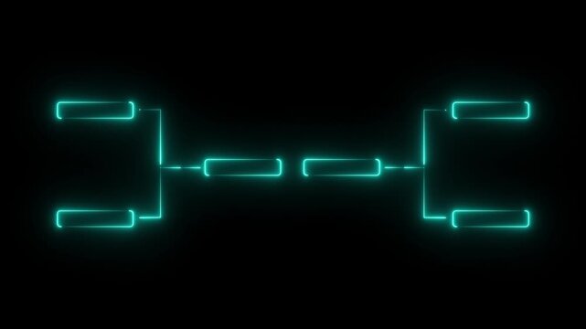 glowing neon or outline championship single elimination tournament bracket or tree diagram isolated on neon . Fields for 8 players or teams, 4 from each side. 