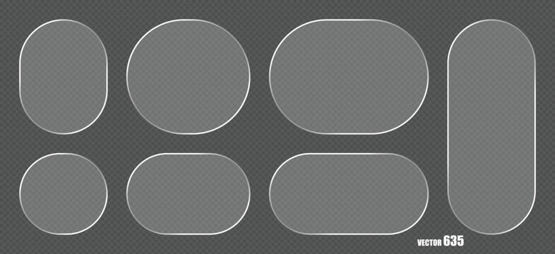 Collection of transparent glass shapes circles ovals rectangles and rounded shapes with silver frames.