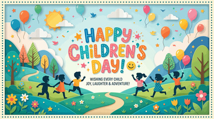 Naklejka premium Happy childrens day celebration banner with joyful kids playing in a colorful landscape, vibrant vector illustration for kids event and greeting card