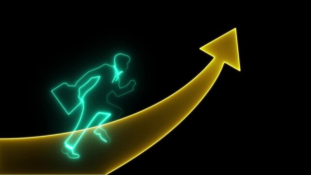 Neon Business coaching and leadership concept. Personal development and success. Drawing growth arrow on chalkboard.4k animation video.