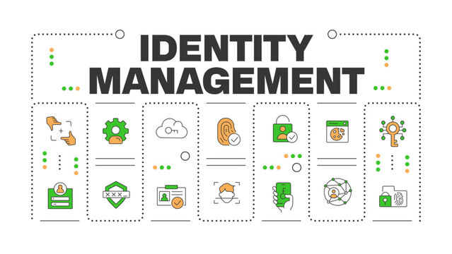Identity management word concept isolated on white. User authentication systems. Access control infrastructure. Creative illustration banner surrounded by editable line colorful icons