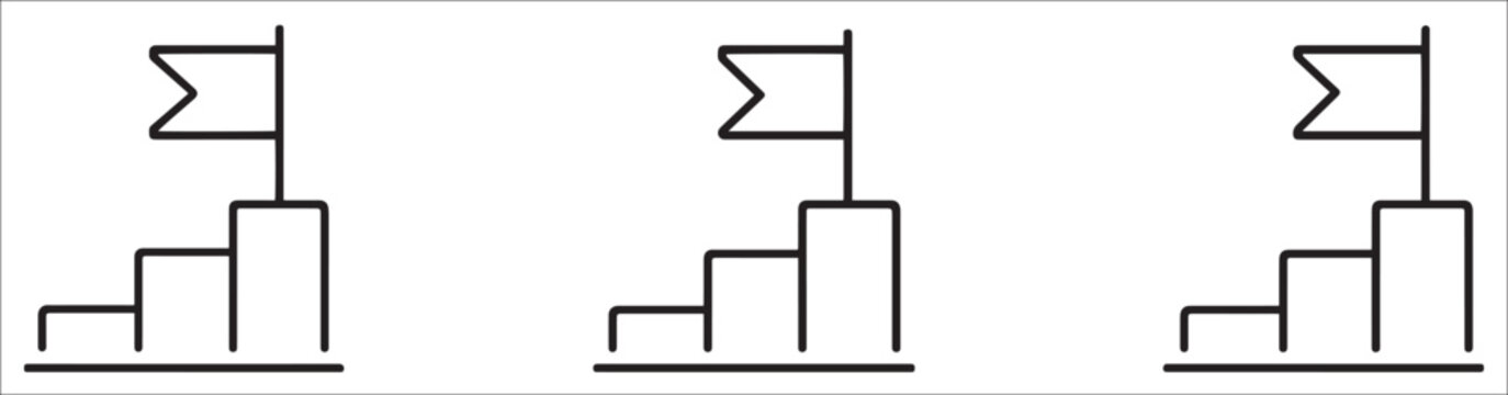 Development positive result, success achievement efficiency growth outline icon. Minimalist line sign rising bar chart with flag. Vector isolated pictogram for web app infographic motivation projects.