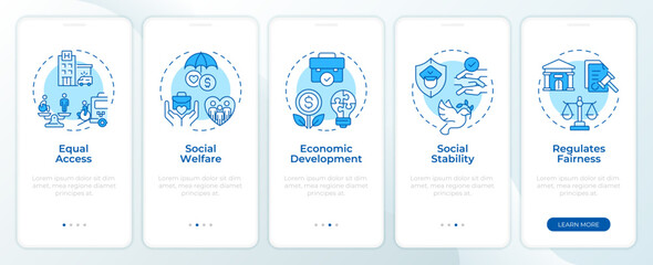Plakat Public sector benefits onboarding mobile app screen. Social governance. Economic development strategy. Walkthrough 5 steps editable graphic instructions with linear concepts. UI, UX, GUI