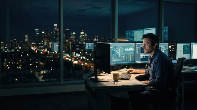 Focused IT professional or programmer working late at night with multiple screens in a city office.
