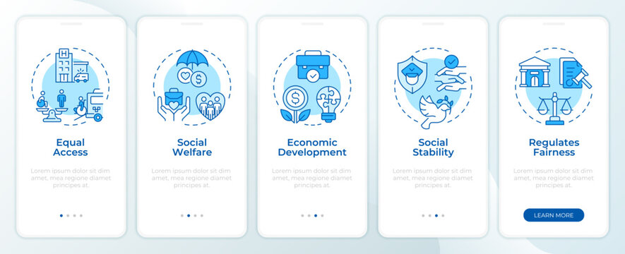 Public sector benefits onboarding mobile app screen. Social governance. Economic development strategy. Walkthrough 5 steps editable graphic instructions with linear concepts. UI, UX, GUI