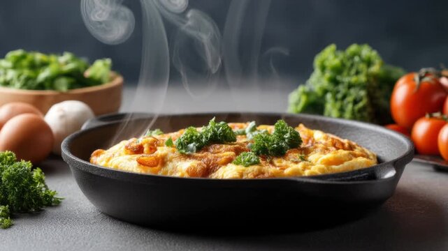 Freshly cooked hot omelette with green herb garnish in black skillet
