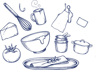 Hand drawn kitchen utensils and food ingredient sketch set with utensils illustration culinary bakeware preparation ingredients monochrome restaurant homestyle kitchenware homemade scribble © MstAsmaAkter