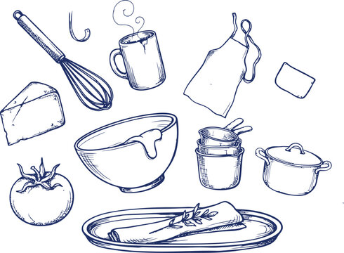 Hand drawn kitchen utensils and food ingredient sketch set with utensils illustration culinary bakeware preparation ingredients monochrome restaurant homestyle kitchenware homemade scribble