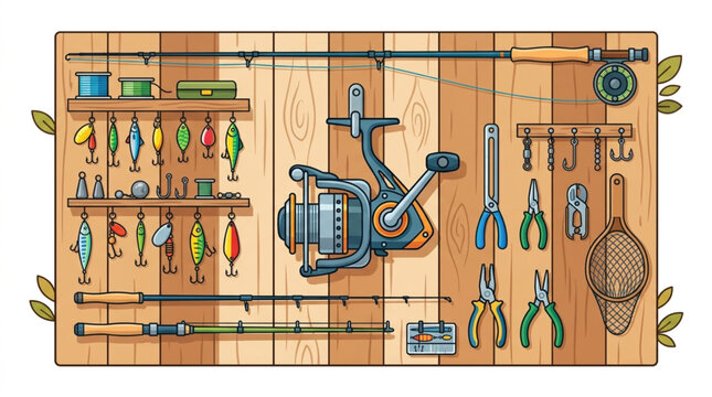 Flat lay illustration of fishing gear, including rods, reels, lures, and tools, arranged neatly on a wooden plank background with a rustic, organized feel