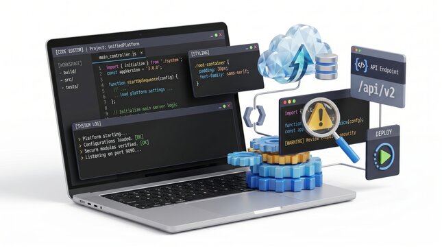 Software development concept showing code editor, API endpoint, security warning, and deployment gears on laptop for web programming.