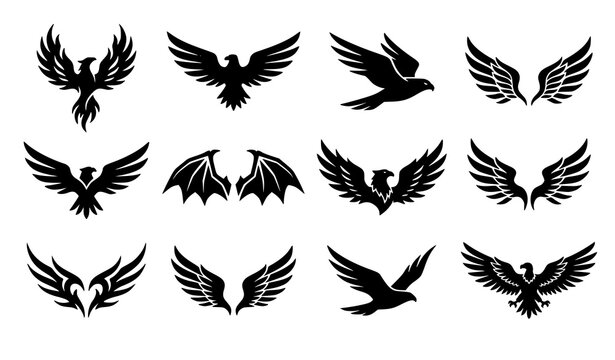 Angel wings black silhouette icon set with heraldic eagle wings sharp falcon logo elements and flying bird vector shapes