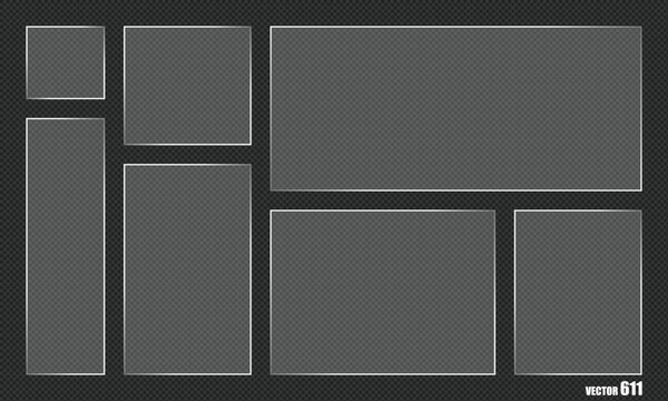 Composition of five rectangular glass frames with sharp corners on dark grid background.