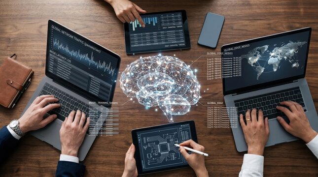 Top view of team collaborating around table with laptops and tablets displaying artificial intelligence brain network model training and global edge nodes.