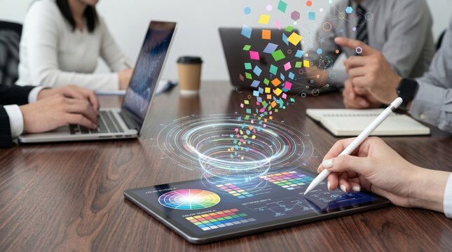 Creative team collaborating around digital tablet interface with colorful design elements and data visualization graphics for project planning.
