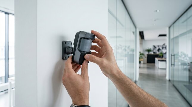 Technician installing a modern motion sensor for smart office surveillance