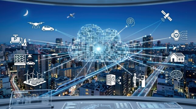 Futuristic smart city concept with IoT network connections, cloud computing data center, autonomous vehicles, drones and satellite communication systems.