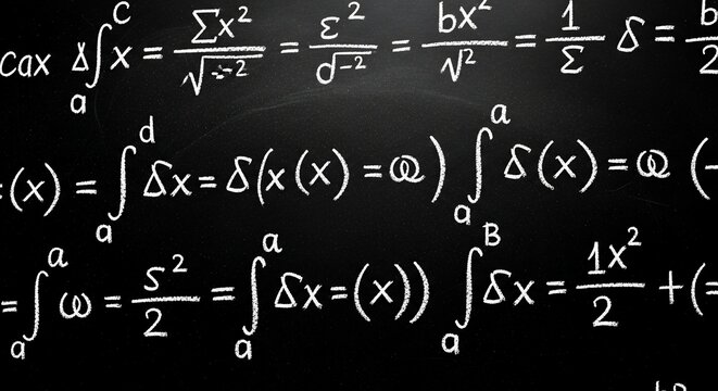Mathematical formulas and calculus equations written on a black chalkboard