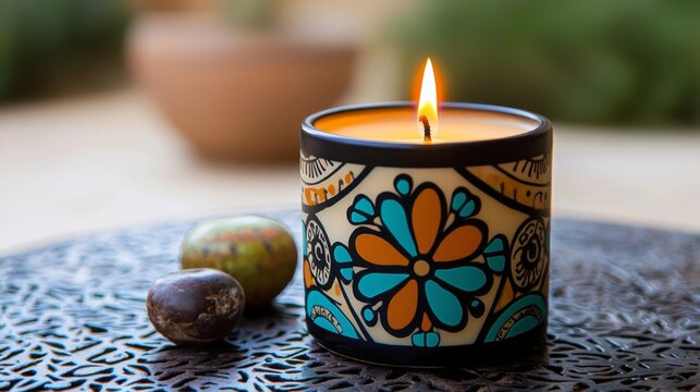 A beautifully designed teal and orange candle displayed on a table.