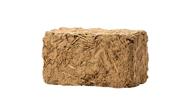 Sustainable eco recycled concrete and mycelium building material adobe mud brick for modern minimalist architecture and construction, innovation closeup still life with copy space, white isolated on t