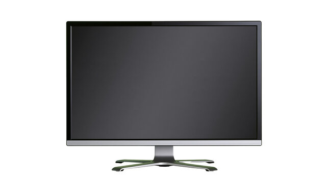 Modern flat screen computer monitor with silver stand, isolated on transparent background