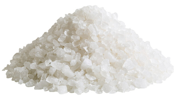 Coarse sea salt crystals piled up, isolated on transparent background
