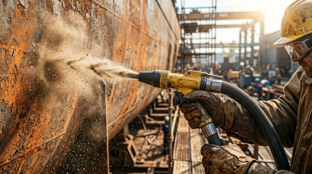 Industrial worker using sandblasting equipment to clean a large metal ship hull