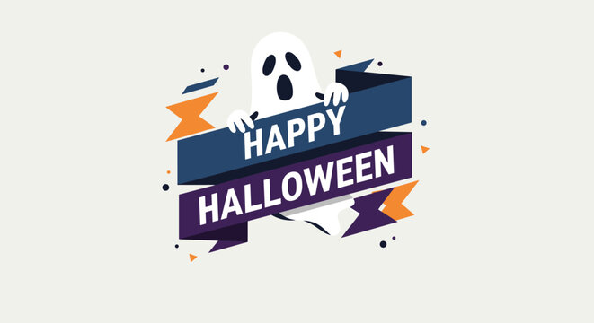 Cheerful Halloween illustration with a friendly white ghost holding a purple and blue ribbon with Happy Halloween text and orange stars.