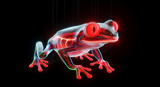 Futuristic futuristic x-ray frog with glowing red internal organs and skeleton structure