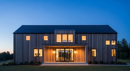 Fototapeta premium Modern wooden house exterior at sunset with warm glowing interior lights
