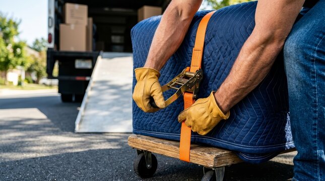 Mover tightening an orange ratchet strap to secure a furniture piece wrapped in a blue moving blanket.