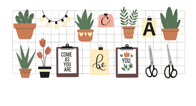Creative office workspace illustration showing a pegboard wall with potted plants, hanging lights, scissors, and motivational clipboard quotes.