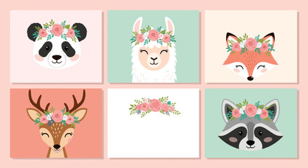 Fototapeta premium Adorable set of animal portraits featuring a panda, llama, fox, deer, and raccoon each wearing a beautiful pink flower crown on pastel backgrounds.