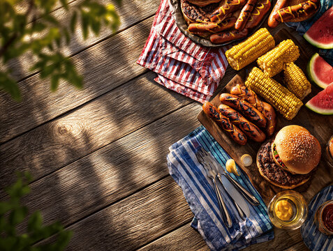 Top view summer BBQ feast on rustic wood featuring juicy burgers, grilled hot dogs, corn, and watermelon under dappled light, vibrant tones, clean copy space for text, ideal for food ads and event...