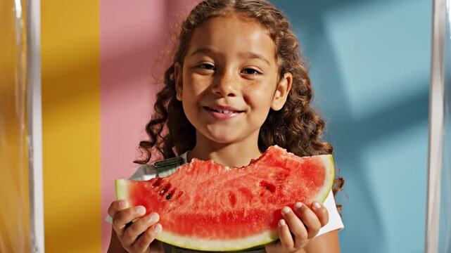 Curly haired girl biting giant watermelon slice for watermelon day in colorful studio, cheerful summer fruit snack portrait with pastel blue pink yellow panels, fresh healthy kids lifestyle moment