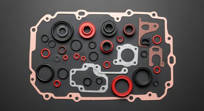 Assortment of various rubber and metal gaskets and seals for industrial use laid out on black background.