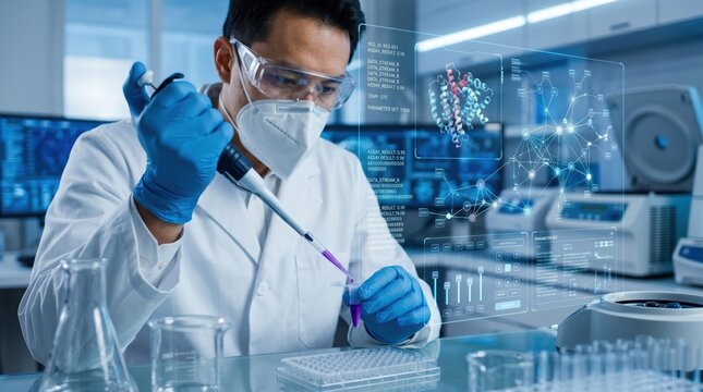 Scientist in lab coat using pipette for DNA analysis experiment, wearing safety goggles and mask, blue gloves, molecular structure hologram display, biotechnology research