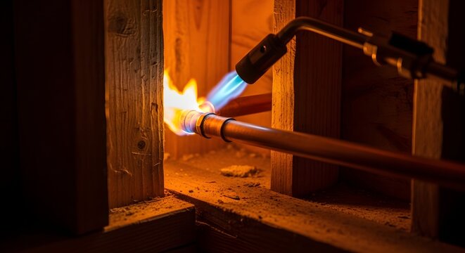 Industrial plumber using professional gas torch tool to solder copper pipes within wall framing during residential home renovation project focusing on metal heating connection technique.
