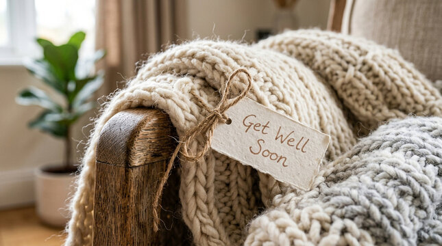 Cozy knitted blanket with Get Well Soon gift tag, warm wool throw on wooden chair, comfort care package for recovery and wellness