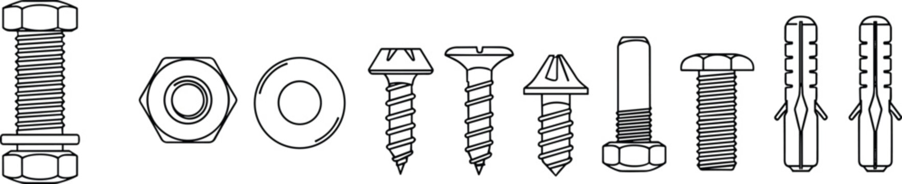 Fastener Hardware Components Vector Set with Bolts Nuts Washers Screws and Wall Anchors Illustration