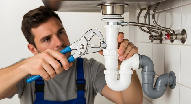 Professional male plumber in blue work uniform wearing gray t shirt using adjustable slip joint pliers to tighten p trap under kitchen sink during residential home plumbing repair job.