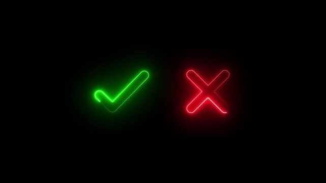 Tick or check mark and cross mark signs neon icon animation. right and wrong animated neon icons, False and true. accept and reject. neon right and wrong icon animation with black background.